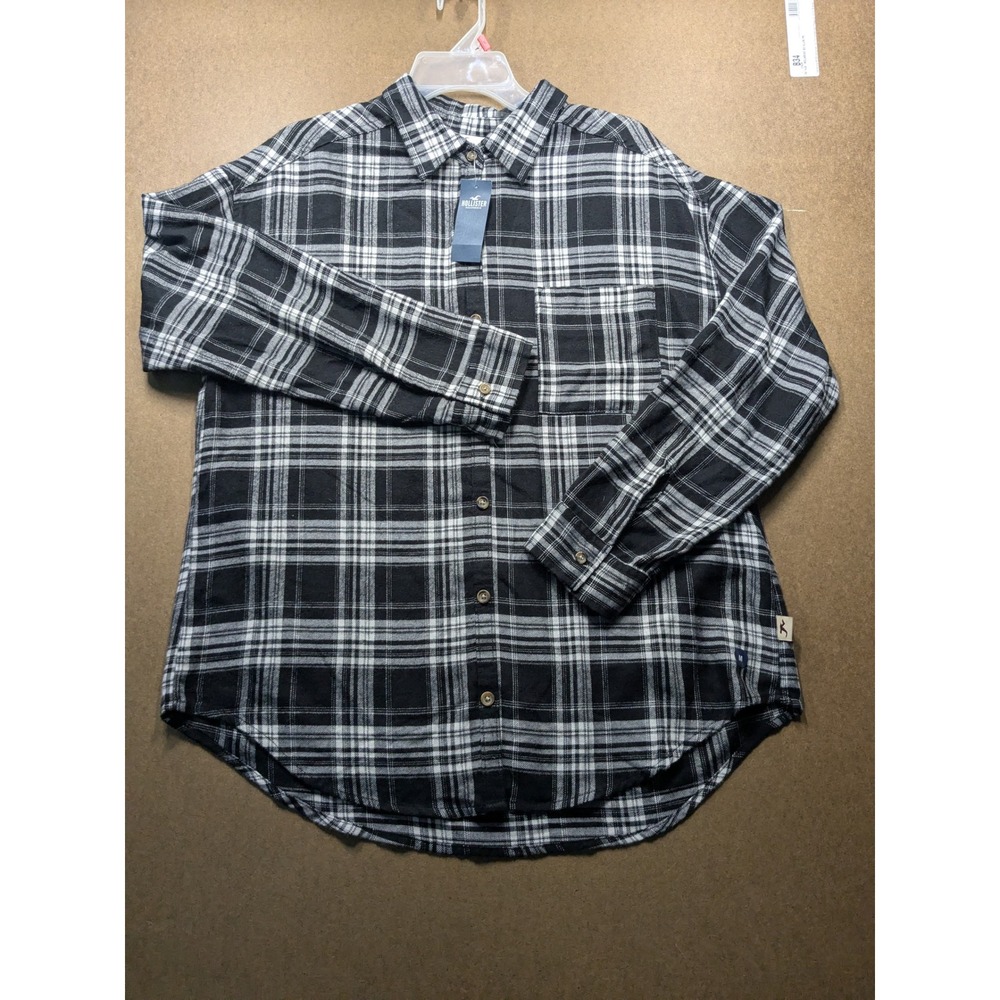 Hollister Black White Plaid Flannel Button Down Shirt Womens Medium New